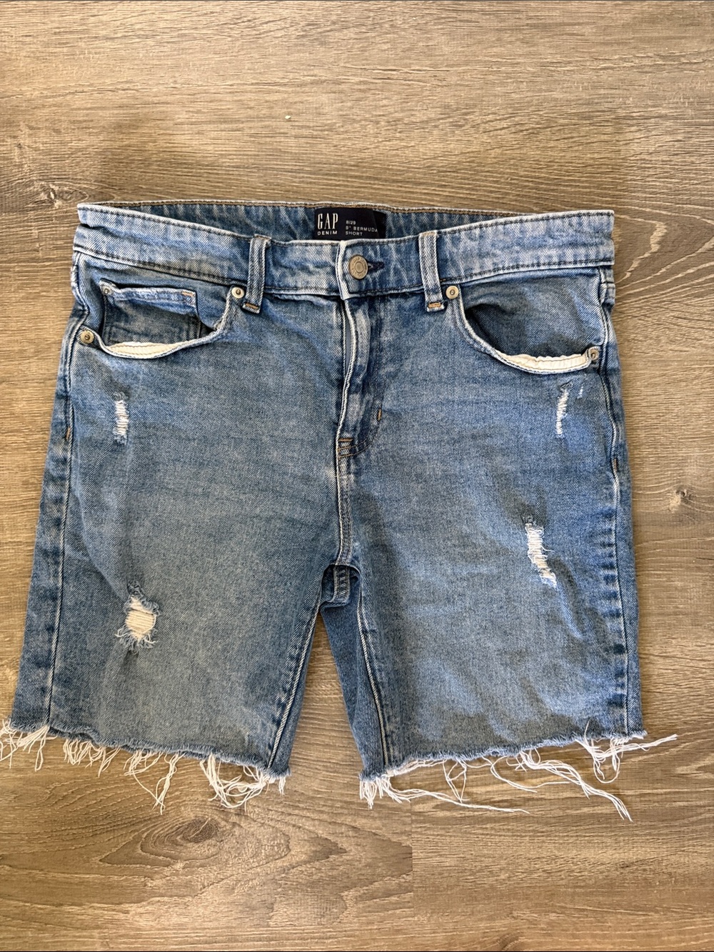 GAP Women's Light Blue Distressed Denim Bermudas